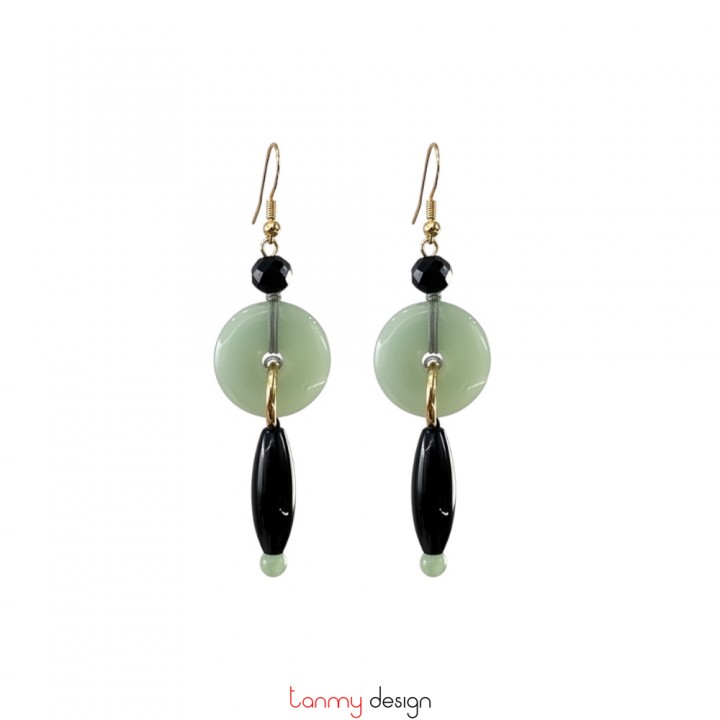 Green coin-shaped earrings with black agate beads